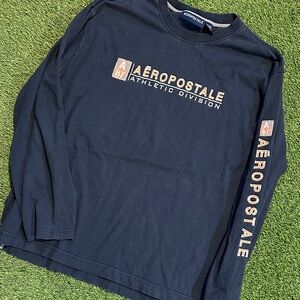 Vintage Y2K Aeropostale Men's Dark Blue Graphic Long Sleeve Tee